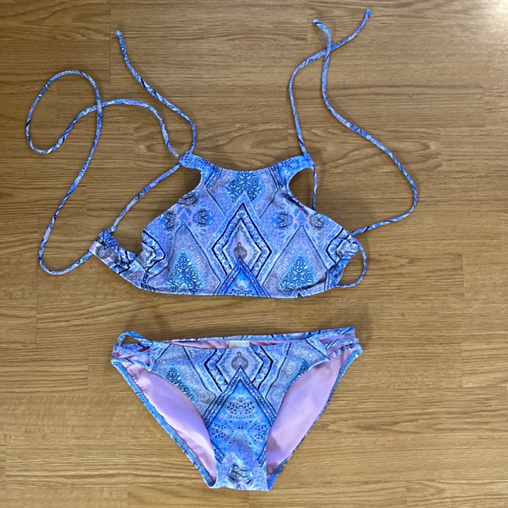 2 piece string bikini with blue paisley print